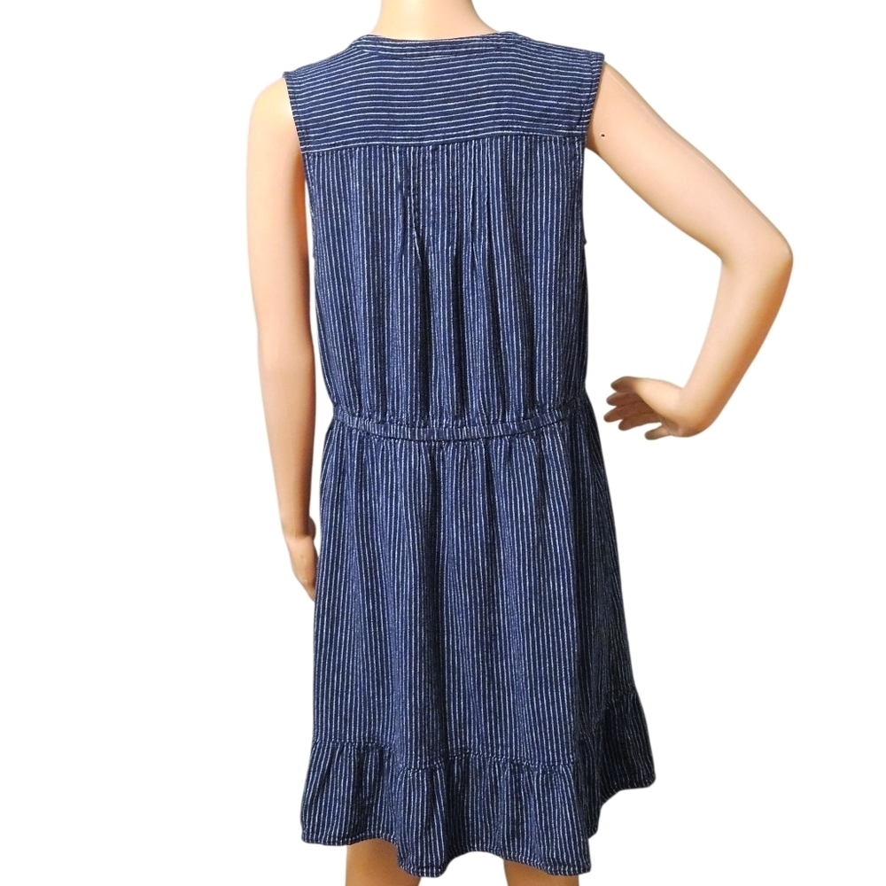 Wmns Navy Blue Striped Button Front Dress M Sleeveless Linen Beach Coastal Chic - Picture 2 of 14